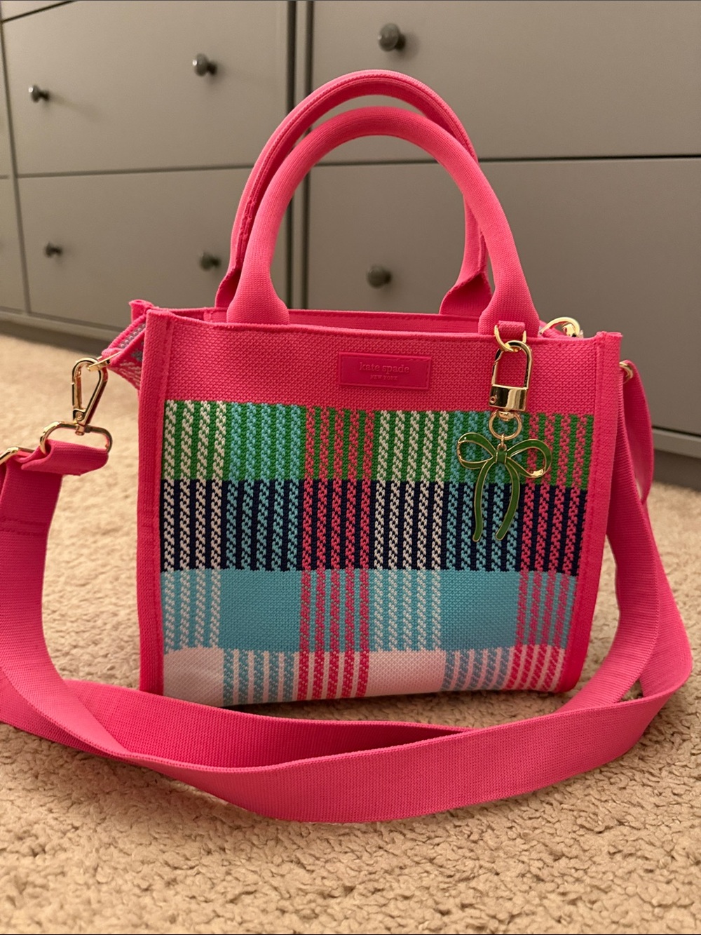 Kate Spade x Target Pink Plaid Knit Crossbody Bag + Bow Charm